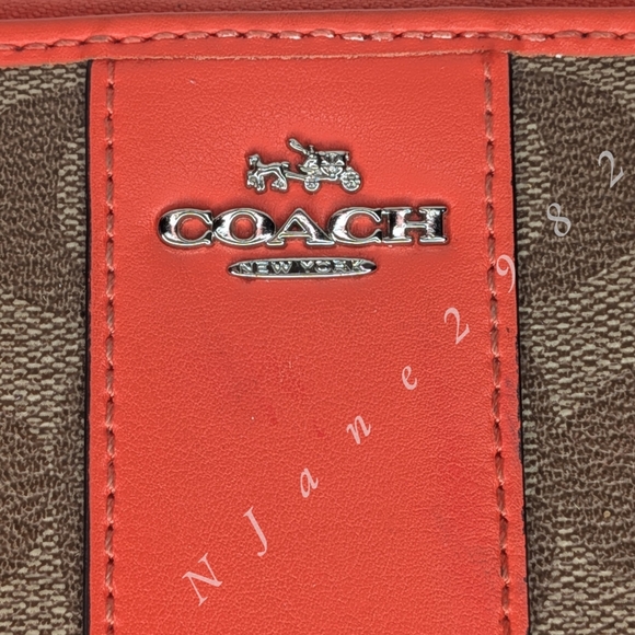 Coach Signature C Zip Long Wallet Brown Khaki Coated Canvas Orange Leather Trim - Picture 5 of 16